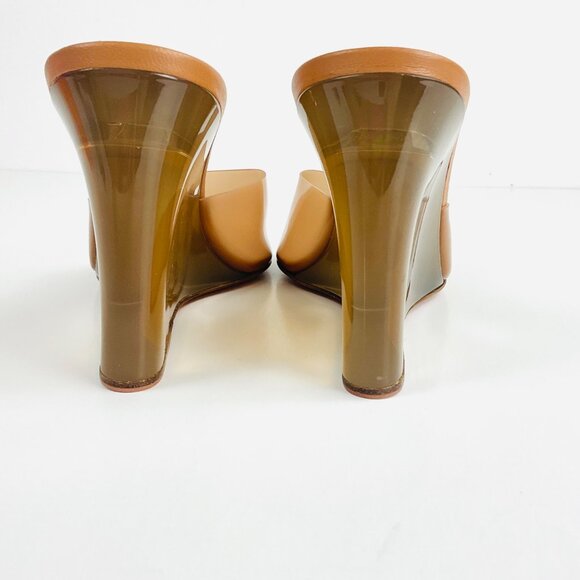 Amina Muaddi Lupita Glass Wedge PVC Strap Tan/Brown Mules size 36.5 US 6.5 - Picture 3 of 12